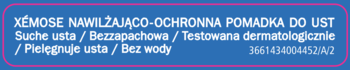 Etykieta pomadki Xémose, nawilżająco-ochronna, do suchych ust, bezzapachowa, testowana dermatologicznie.