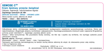 Uriage Xemose C8+ lipidowy krem przeciw świądowi. Szczegółowa etykieta produktu z opisem i składem, w j. polskim.