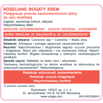 Etykieta kremu Uriage Roseliane, bogatego kremu do cery wrażliwej, opisująca działanie przeciw zaczerwienieniom.
