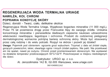 Tył opakowania regenerującej wody termalnej Uriage w sprayu. Biała etykieta z czarnym tekstem o nawilżaniu i kojeniu.