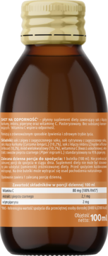 Tylna etykieta ciemnej butelki SHOT NA ODPORNOŚĆ 100 ml, płynny suplement z witaminą C, kurkumą i imbirem.