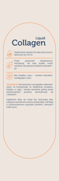 Tył opakowania płynnego suplementu diety Liquid Collagen 10 000 mg. Ostrzeżenia i instrukcje, bez dodatku cukru.