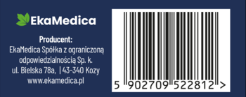 Tył opakowania suplementu diety EkaMedica z witaminami ADEK. Widoczny kod kreskowy 5902709 522812 oraz dane producenta.