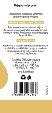 Tył etykiety oleju z czarnuszki EkaMedica, instrukcje, ostrzeżenia, dane producenta i kod kreskowy.