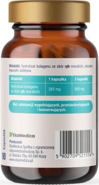 Tył brązowej butelki EkaMedica EkaMarikol z listą składników: hydrolizat kolagenu rybiego i dawkowaniem.