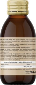 Tył brązowej butelki SHOT KOLAGEN 15000 mg, etykieta ze składnikami: kolagen, witamina C, dawkowanie.
