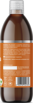 Tył brązowej butelki płynnego suplementu Imbir Kurkuma z piperyną. Pomarańczowa etykieta ze składnikami i kodem.