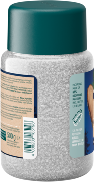 Kneipp Kryształki do kąpieli Good Night w butelce z recyklingu, widok z boku z etykietą o 97% surowców wtórnych.