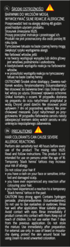 Hair colorant warning label: severe allergic reactions. Dark background, white text in Polish and English.