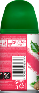 Tył puszki Air Wick Freshmatic Musujące Rose z Maliną, z zieloną nakrętką. Widoczne instrukcje, kod kreskowy i piktogramy.