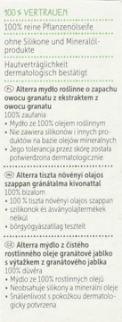 Alterra mydło roślinne granat: fragment opakowania z informacjami w wielu językach o składzie.