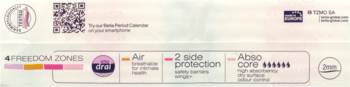 Always extra-long pad packaging with Freedom Zones diagram, highlighting Air, 2-side protection, and Abso core.