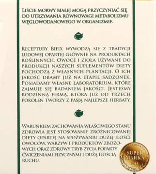 Tył opakowania zielonej herbatki ziołowej Morwa Biała BIFIX, z białym tekstem o metabolizmie i własnych plantacjach, z pieczęcią Super Marka.