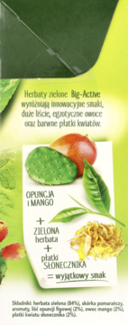 Big-Active herbata zielona z opuncją i mango. Zdjęcie składników: liście herbaty, owoce i płatki słonecznika.