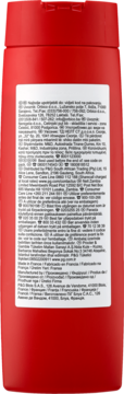 Tył czerwonej butelki żelu pod prysznic Old Spice Original z białą etykietą zawierającą szczegółowe informacje.