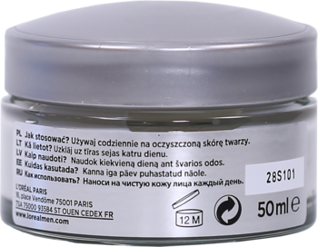 Tył szarego, okrągłego słoika kremu L'Oreal Men Expert HYDRA 24H. Widoczne instrukcje użycia i oznaczenie 50ml.