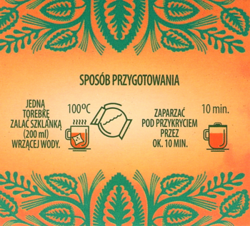 Instrukcja parzenia herbaty na pomarańczowym tle z zielonymi wzorami, pokazująca 4 kroki przygotowania naparu.