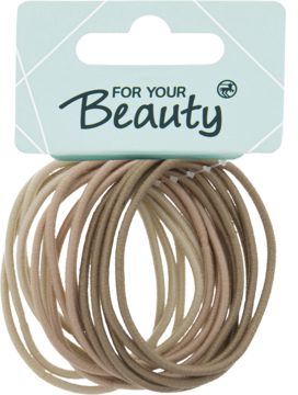 15 beżowo-brązowych gumek do włosów Michaela, owiniętych, z opakowaniem 'FOR YOUR Beauty', widok z przodu.