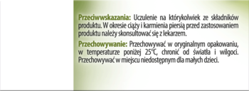 Fragment etykiety Hepaslimin suplement diety, zielona ramka z polskimi przeciwwskazaniami i sposobem przechowywania.