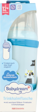 Niebieski bidon Babydream 12+ m-cy, z miękką silikonową słomką i ochronną nakładką, widok w opakowaniu.