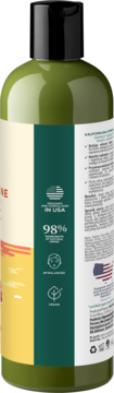Tył zielonego szamponu Aloe & Citrus dla matowych włosów. Etykieta z napisem 'MADE IN USA' i '98% naturalnych'.