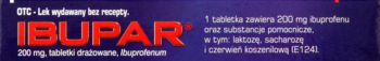Lek przeciwb3b3lowy Ibupar 200 mg Ibuprofen w ciemnofioletowym opakowaniu z czerwonym logo, widok z przodu.