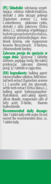 Fragment etykiety suplementu SkrzypStrong&#xAE; z listą składnik&#xF3;w i dawkowaniem w języku PL/EN.