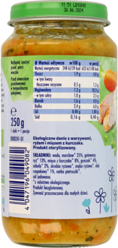 Tył słoika z ekologicznym daniem dla dzieci (250g): warzywa, ryż, kurczak. Widoczna etykieta ze składnikami i tabelą.