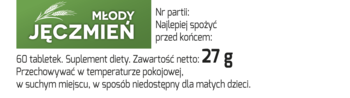 Młody Jęczmień 60 tabletek, zielona etykieta suplementu diety 27g na białym tle, widok z przodu.