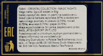 Tył opakowania herbaty Basilur Oriental Collection Magic Nights, z białą etykietą i szczegółami składu i pochodzenia.