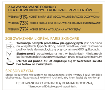 Panel informacyjny L'Oréal Paris Ekspert Wieku 50+ z wynikami badań, zobowiązaniami marki i sposobem użycia.