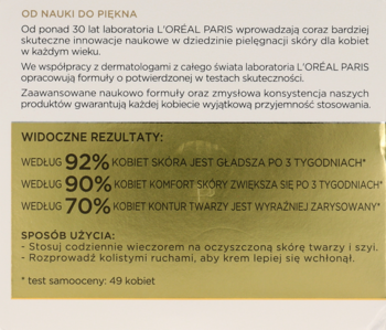 Złoty panel wyników L'Oreal Ekspert Wieku 60+ z danymi o poprawie skóry i sposobie użycia.