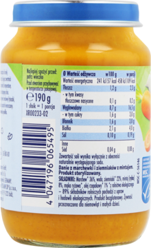 Widok z tyłu słoika 190g z ekologicznym puree dla niemowląt, marchew, ziemniaki, mintaj. Bez soli/mleka.