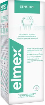 Płyn do płukania ust elmex Sensitive, biały karton z zielonym logo i obrazkiem zęba, dla nadwrażliwych zębów.