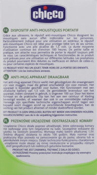 Tył opakowania Chicco, przenośnego urządzenia odstraszającego komary, z opisami w 3 językach: francuskim, holenderskim, polskim.