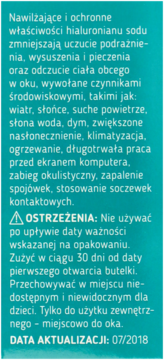 Panel informacyjny Hialeye nawilżające krople, biały tekst z opisem i ostrzeżeniami na turkusowym tle.