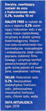 Tył opakowania kropli Hialeye Free z hialuronianem sodu 0.2%, widoczny skład i data aktualizacji.