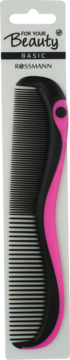 Czarno-różowy grzebień for your Beauty Basic Rossmann w opakowaniu, z gęstymi zębami i zakrzywionym uchwytem.