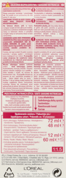 Tył opakowania farby do włosów L'Oréal Paris Excellence, z listą składników i pojemnościami, teksty instrukcji.