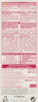 Tył różowego opakowania zestawu do koloryzacji włosów L'Oréal z listą składników i objętościami.