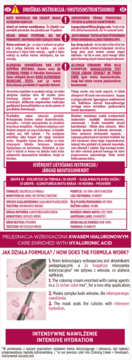 Ulotka farby do włosów z pielęgnacją wzbogaconą kwasem hialuronowym. Ilustruje działanie kremu i maski.