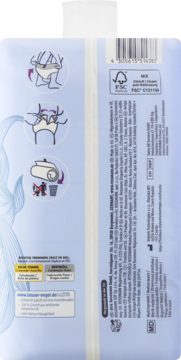 Tył niebieskiego opakowania facelle diskret pieluchomajtek M, z instrukcjami, kodem kreskowym i certyfikatami.