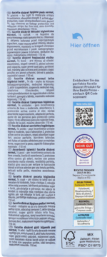 Tył opakowania Facelle diskret wkładki na nietrzymanie moczu normal, białe, tekst, kod QR, pieczęć 'SEHR GUT'.