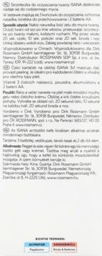 Tył opakowania szczoteczki do twarzy ISANA, widoczne instrukcje w kilku językach i ikony segregacji.