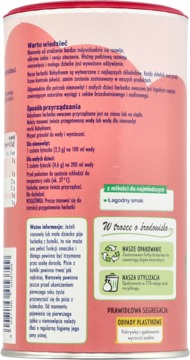 Tył opakowania herbatki owocowej Babydream, różowe tło, białe bloki tekstowe z instrukcjami i zielonym logo.