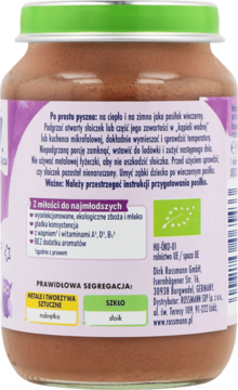 Tył opakowania kaszki mlecznej manna z bananami i kakao. Widoczne instrukcje i skład na fioletowej etykiecie.