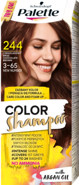 Schwarzkopf Palette Color Shampoo 244 Chocolate Brown, pudełko z uśmiechniętą modelką, widok z przodu.