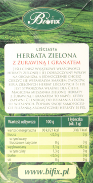 Tył zielonego opakowania liściastej herbaty Biofix z żurawiną i granatem, widoczna tabela odżywcza.