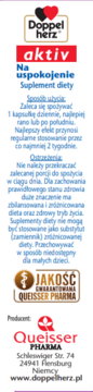 Front etykiety suplementu diety Doppelherz aktiv na uspokojenie, białe tło z czerwonym logo i niebieskim tekstem.