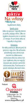 Etykieta suplementu diety Doppelherz aktiv Na włosy +Biotyna, biała, z logo i pieczęcią Queisser Pharma.
